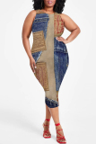 Blue Coffee Casual Floral Print U Neck Sleeveless Vacation Bodycon Midi Tank Dress