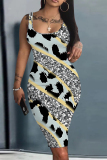 Off White Casual Leopard Gradient Print U Neck Sleeveless Vacation Bodycon Midi Tank Dress