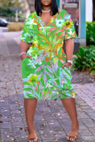 Orange Black Floral Print Casual V Neck Short Sleeve Loose Pockets Midi T-Shirt Dress