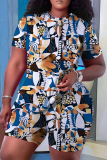 Purple Casual Geometric Flowers Print Pocket O Neck Short Sleeve Oversize T-Shirt And Shorts Two Pieces Shorts Sets