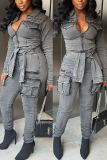 Dark Gray Street Zipper Collar Long Sleeve Pocket Strap Design Denim Cargo Jumpsuits