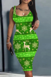 White Casual Santa Claus Santa Hats Print U Neck Sleeveless Vacation Bodycon Midi Tank Dress