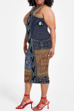 Blue Coffee Casual Floral Print U Neck Sleeveless Vacation Bodycon Midi Tank Dress