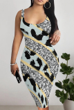 Off White Casual Leopard Gradient Print U Neck Sleeveless Vacation Bodycon Midi Tank Dress
