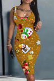 White Casual Santa Claus Santa Hats Print U Neck Sleeveless Vacation Bodycon Midi Tank Dress