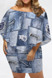 Light Blue Casual Faux Denim Print Flutter Sleeve Off Shoulder Irregular Plus Size Midi Dresses