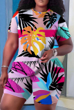 Purple Casual Geometric Flowers Print Pocket O Neck Short Sleeve Oversize T-Shirt And Shorts Two Pieces Shorts Sets