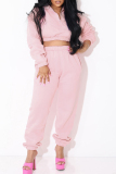 Pink Casual Pocket Zipper Collar Long Sleeve Crop Sweatshirt And Sweatpants Sportwear Two Pieces Jogger Sets