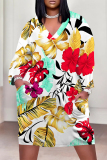 Purple Floral Print V Neck Long Sleeve Pockets Casual Straight Loose Midi T-Shirt Dress