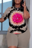 Blue Casual Geometric Flowers Print Pocket O Neck Short Sleeve Oversize T-Shirt And Shorts Two Pieces Shorts Sets