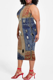 Blue Coffee Casual Floral Print U Neck Sleeveless Vacation Bodycon Midi Tank Dress