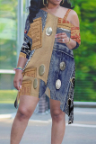 Dark Blue Casual Faux Denim Print Sloping Shoulder Irregular Hollow Out T-shirt And Shorts Plus Size Two Pieces Shorts Sets