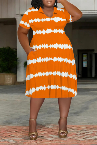 Orange Casual Striped Print Pocket V Neck Short Sleeve Loose Vacation Plus Size T-shirt Dresses
