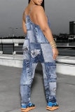 Dark Blue Faux Denim Print Casual Sleeveless U Neck Pocket Loose Boot Cut Harem Leg Cami Jumpsuits