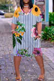 Orange Black Floral Print Casual V Neck Short Sleeve Loose Pockets Midi T-Shirt Dress