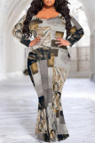 Multicolor Casual Geometric Print O Neck Long Sleeve Mermaid Hem Long Plus Size Evening Party Bodycon Maxi Dress