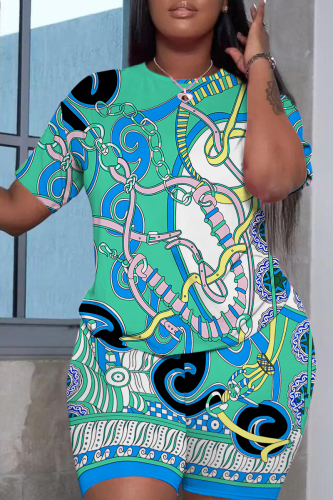 Blue Casual Geometric Flowers Print Pocket O Neck Short Sleeve Oversize T-Shirt And Shorts Two Pieces Shorts Sets