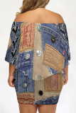 Light Blue Casual Faux Denim Print Flutter Sleeve Off Shoulder Irregular Plus Size Midi Dresses