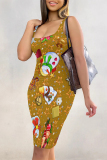 White Casual Santa Claus Santa Hats Print U Neck Sleeveless Vacation Bodycon Midi Tank Dress