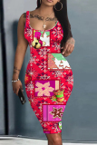 White Casual Santa Claus Santa Hats Print U Neck Sleeveless Vacation Bodycon Midi Tank Dress