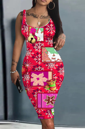 White Casual Santa Claus Santa Hats Print U Neck Sleeveless Vacation Bodycon Midi Tank Dress