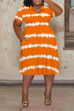 Orange Casual Striped Print Pocket V Neck Short Sleeve Loose Vacation Plus Size T-shirt Dresses