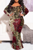 White Casual Floral Print O Neck Long Sleeve Mermaid Hem Long Plus Size Evening Party Bodycon Maxi Dress