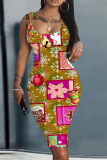 White Casual Santa Claus Santa Hats Print U Neck Sleeveless Vacation Bodycon Midi Tank Dress