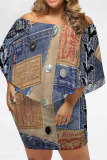 Light Blue Casual Faux Denim Print Flutter Sleeve Off Shoulder Irregular Plus Size Midi Dresses