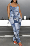Dark Blue Faux Denim Print Casual Sleeveless U Neck Pocket Loose Boot Cut Harem Leg Cami Jumpsuits