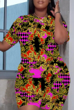 Blue Casual Geometric Flowers Print Pocket O Neck Short Sleeve Oversize T-Shirt And Shorts Two Pieces Shorts Sets