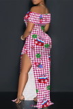 Light Blue Plaid Cartoon Flower Print Off Shoulder Short Sleeve Side Slit One Step Skirt Party Evening Party Bodycon Maxi Dress