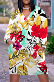 Purple Floral Print V Neck Long Sleeve Pockets Casual Straight Loose Midi T-Shirt Dress