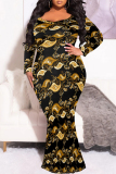 Multicolor Casual Geometric Print O Neck Long Sleeve Mermaid Hem Long Plus Size Evening Party Bodycon Maxi Dress