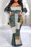 Multicolor Casual Geometric Print O Neck Long Sleeve Mermaid Hem Long Plus Size Evening Party Bodycon Maxi Dress