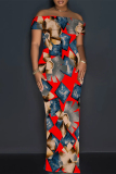 Light Blue Plaid Cartoon Flower Print Off Shoulder Short Sleeve Side Slit One Step Skirt Party Evening Party Bodycon Maxi Dress