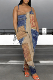 Dark Blue Faux Denim Print Casual Sleeveless U Neck Pocket Loose Boot Cut Harem Leg Cami Jumpsuits