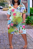 Orange Black Floral Print Casual V Neck Short Sleeve Loose Pockets Midi T-Shirt Dress