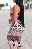 Off White Casual Leopard Gradient Print U Neck Sleeveless Vacation Bodycon Midi Tank Dress