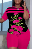 Blue Casual Geometric Flowers Print Pocket O Neck Short Sleeve Oversize T-Shirt And Shorts Two Pieces Shorts Sets