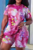Purple Casual Geometric Flowers Print Pocket O Neck Short Sleeve Oversize T-Shirt And Shorts Two Pieces Shorts Sets