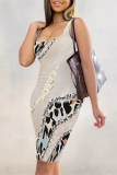 Off White Casual Leopard Gradient Print U Neck Sleeveless Vacation Bodycon Midi Tank Dress