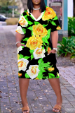 Orange Black Floral Print Casual V Neck Short Sleeve Loose Pockets Midi T-Shirt Dress