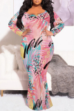 White Casual Floral Print O Neck Long Sleeve Mermaid Hem Long Plus Size Evening Party Bodycon Maxi Dress