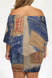 Light Blue Casual Faux Denim Print Flutter Sleeve Off Shoulder Irregular Plus Size Midi Dresses