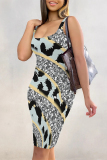 Off White Casual Leopard Gradient Print U Neck Sleeveless Vacation Bodycon Midi Tank Dress