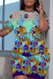 Blue Casual Geometric Flowers Print Pocket O Neck Short Sleeve Oversize T-Shirt And Shorts Two Pieces Shorts Sets