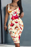 White Casual Santa Claus Santa Hats Print U Neck Sleeveless Vacation Bodycon Midi Tank Dress
