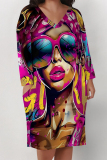 Yellow Pink Figure Print V Neck Long Sleeve Pockets Casual Straight Loose Midi T-Shirt Dress