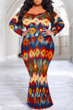 Multicolor Casual Geometric Print O Neck Long Sleeve Mermaid Hem Long Plus Size Evening Party Bodycon Maxi Dress